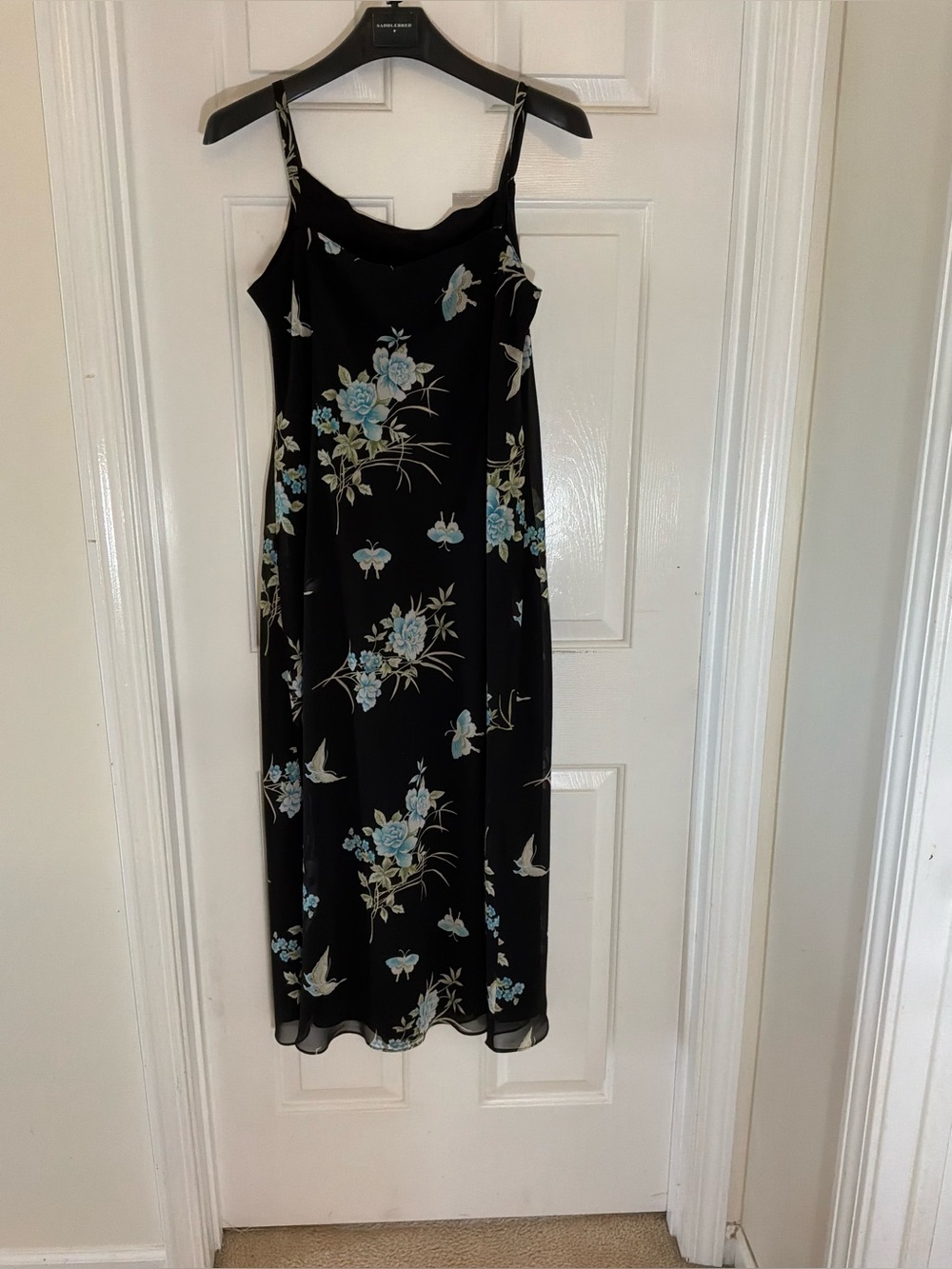 Black Midi Slip Dress with Blue Floral Print